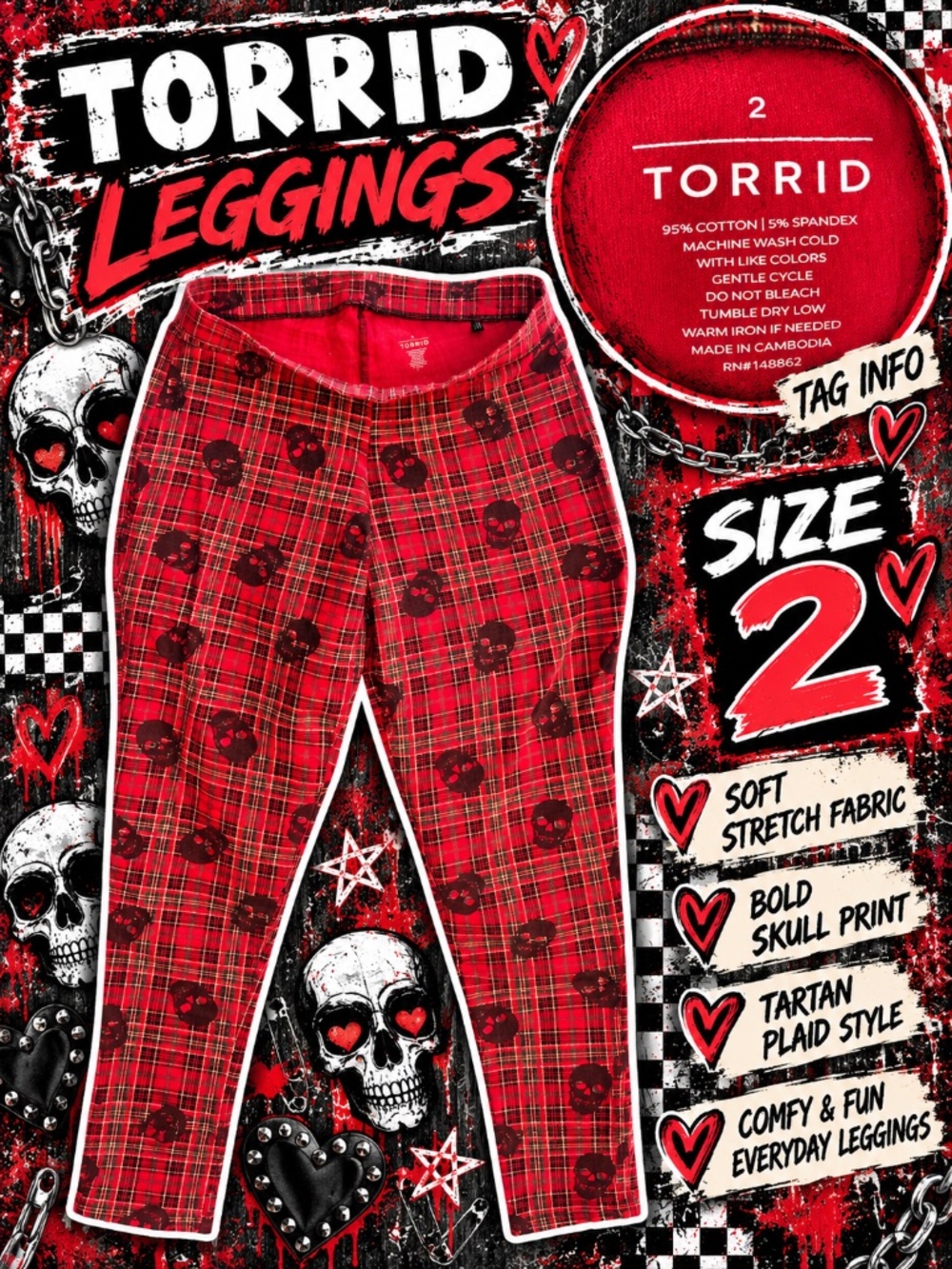 💀 Torrid Red Plaid Skull Print Leggings Size 2 | Goth Punk Alternative ❤️🖤